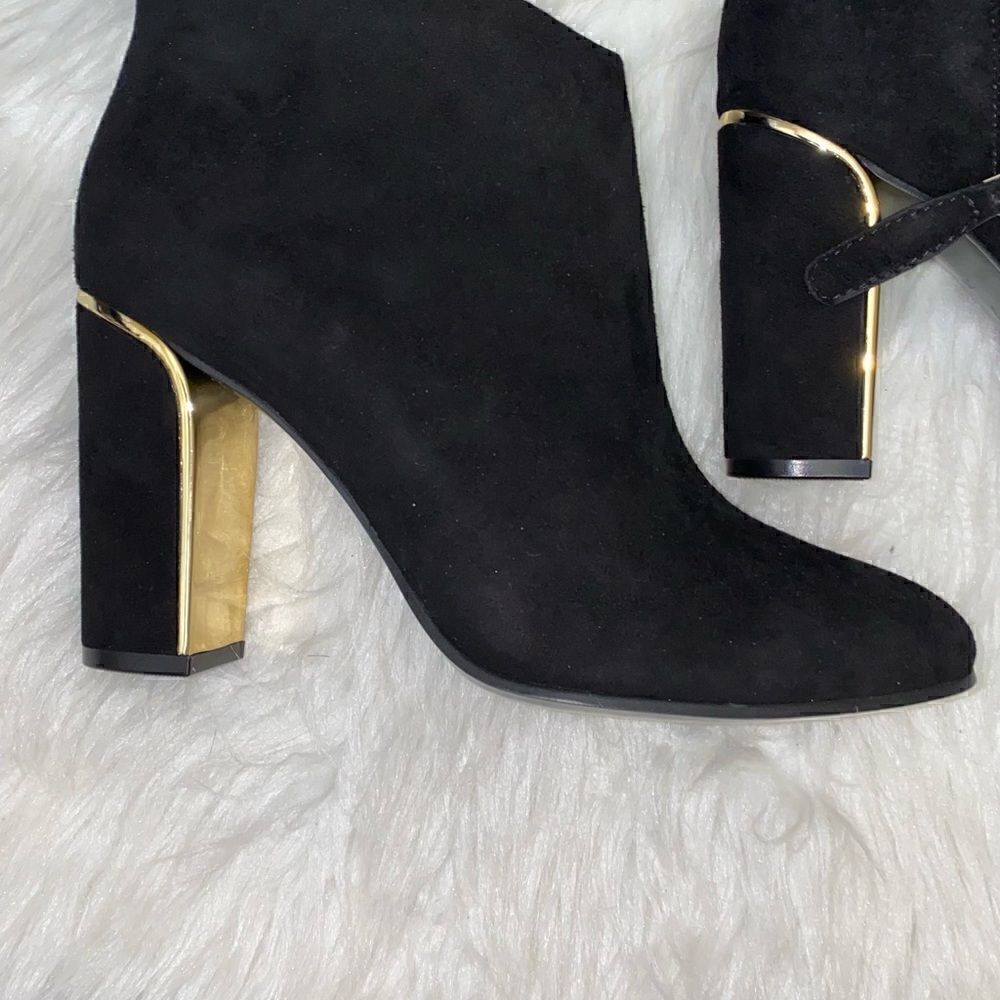 VC John Camuto Black True Suede Booties with Gold Trim - Picture 6 of 14